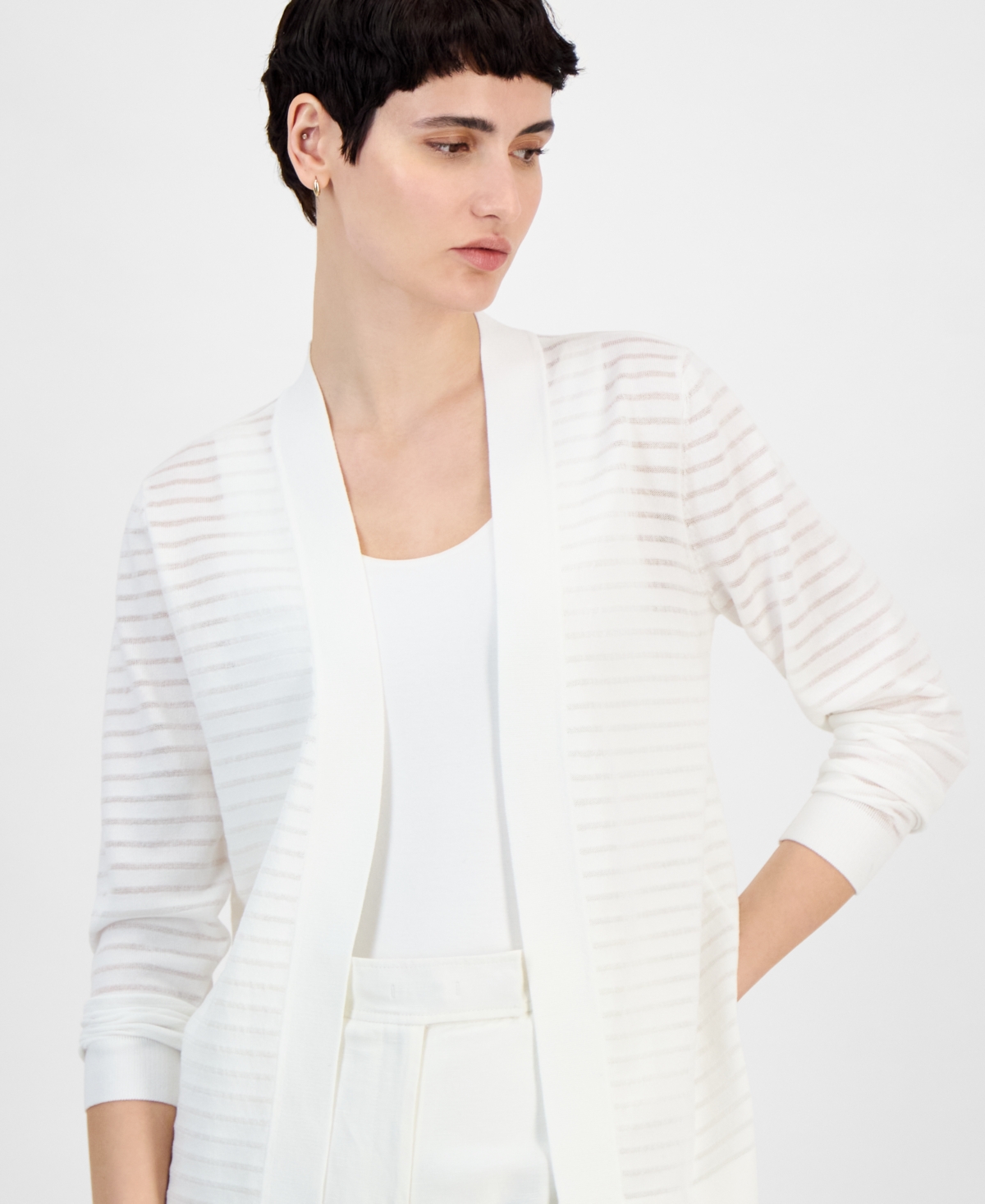 Anne Klein Women's Shadow Stripe Open-front Cardigan In Bright White
