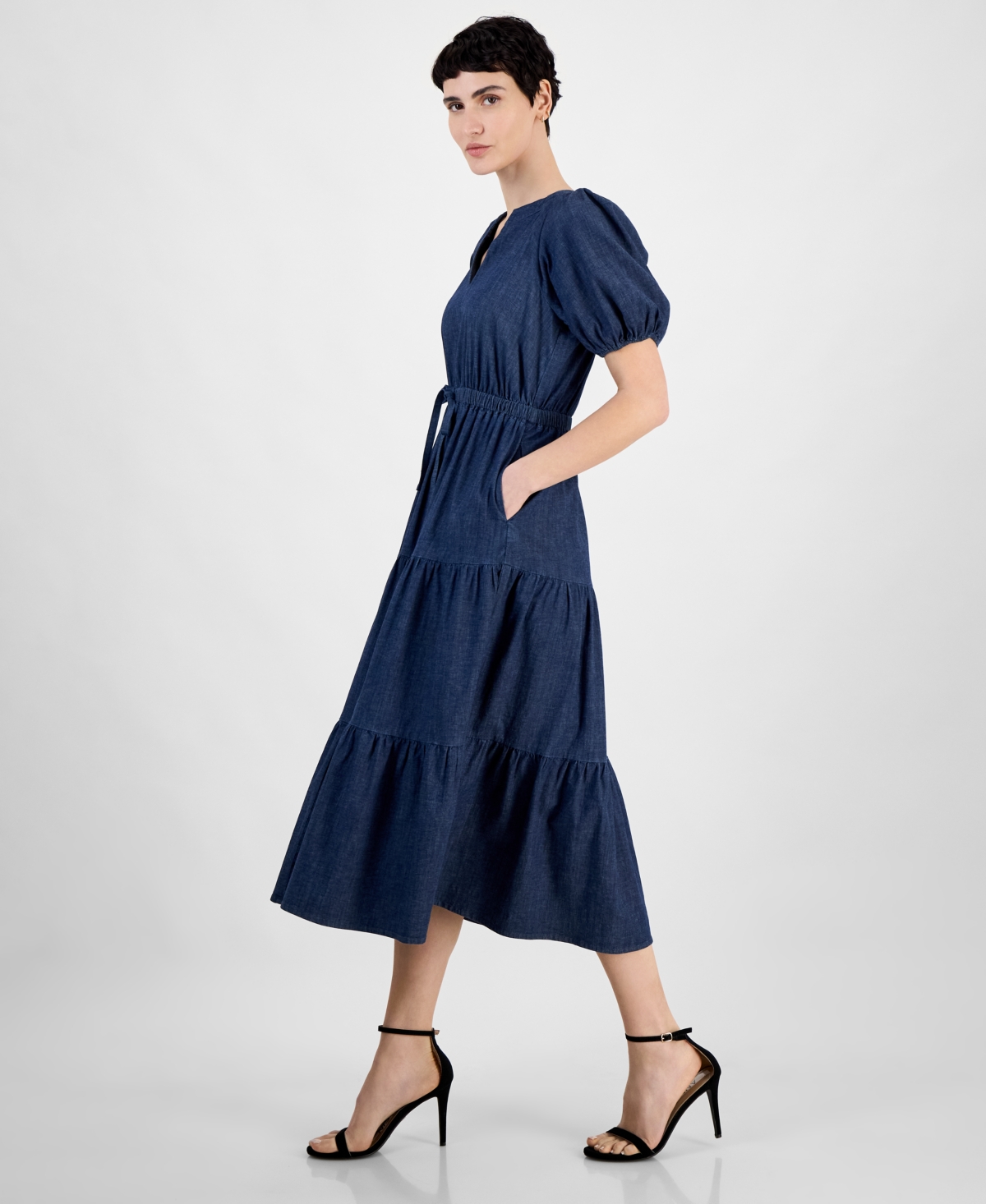 Anne Klein Petite Puff-sleeve Tiered Denim Midi Dress In Blue