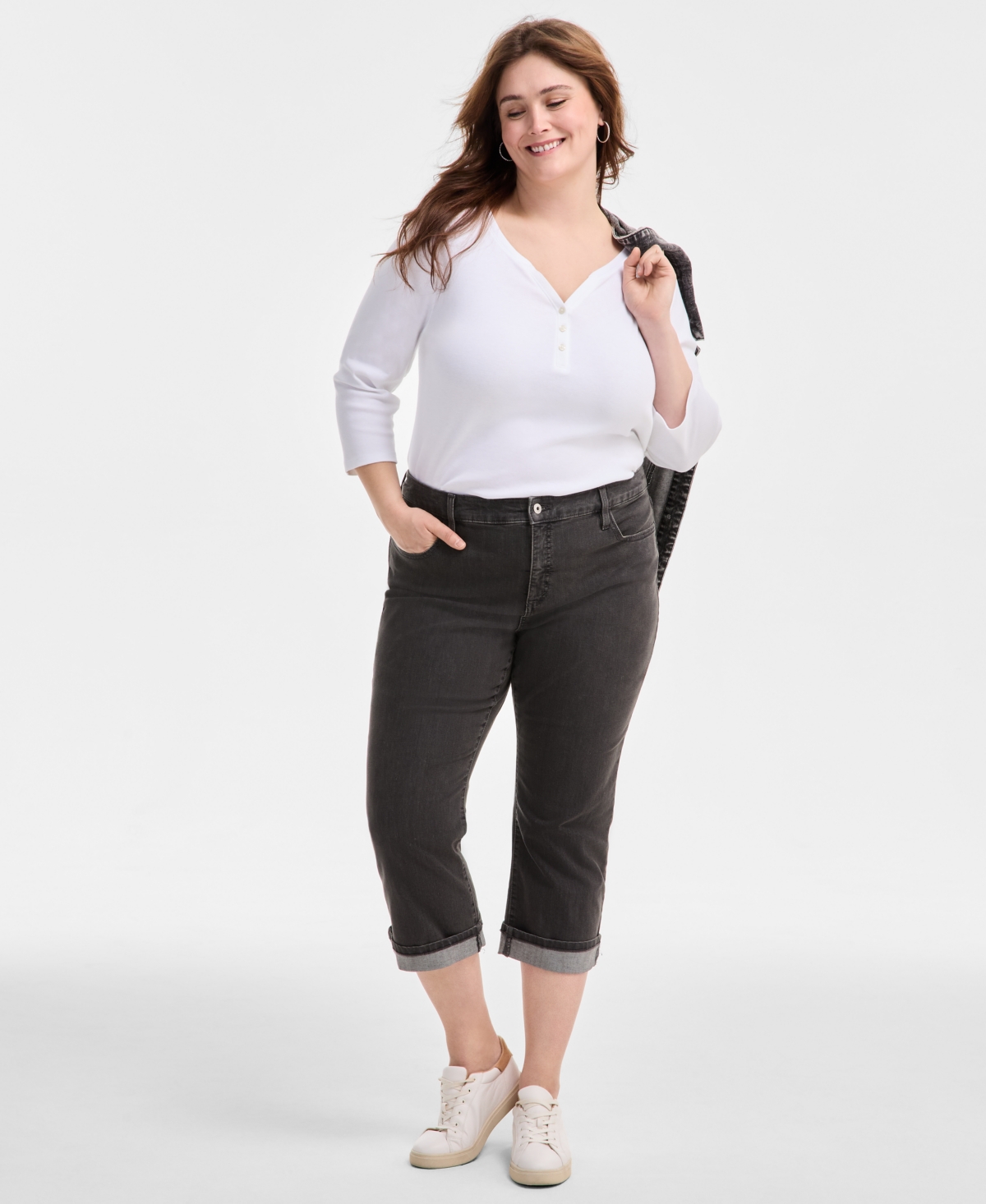Plus Size Mid-Rise Curvy-Fit Capri Jeans, Exclusively at Macy's - Grey