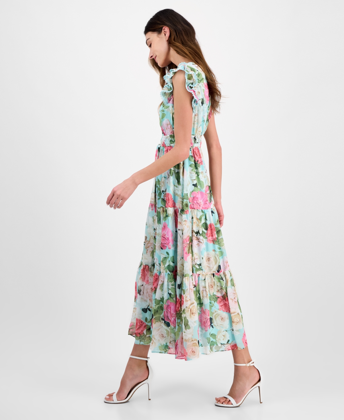 Anne Klein Floral Ruffle Drawstring Waist Dress In Eggshell Blue Multi