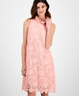Women's Ruffle-Neck Sleeveless Shift Lace Dress