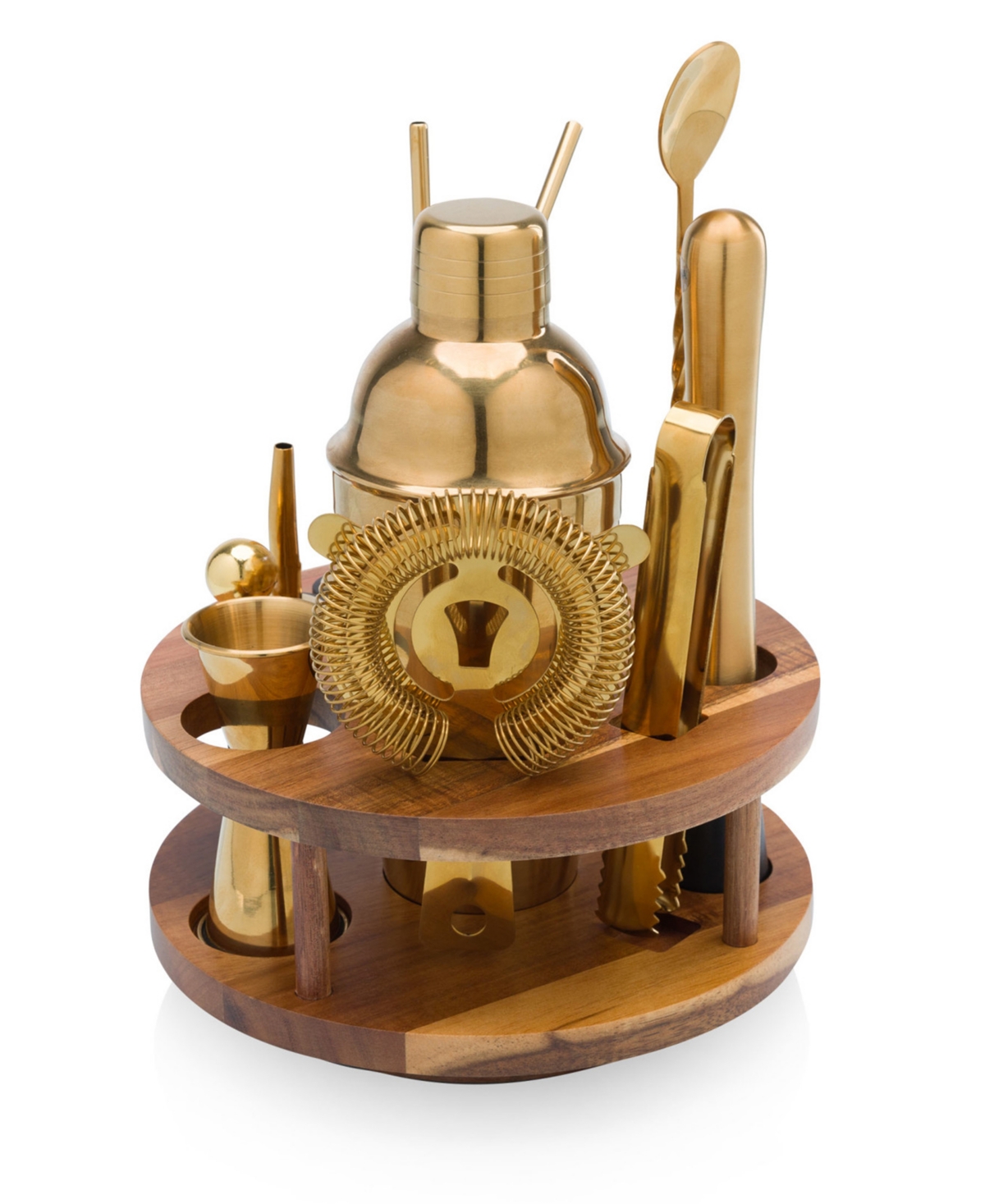 Legacy Carousel Lazy Susan Bar Tool Set, 12 Piece In Acacia Wood And Gold