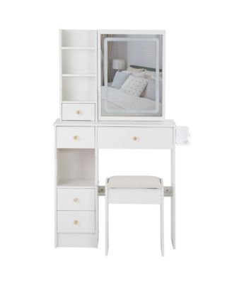 50.40"Small Size Left Drawer Desktop Vanity Table + Cushioned Stool, 2 AC+2 USB Power Station, Hair dryer bracket,White