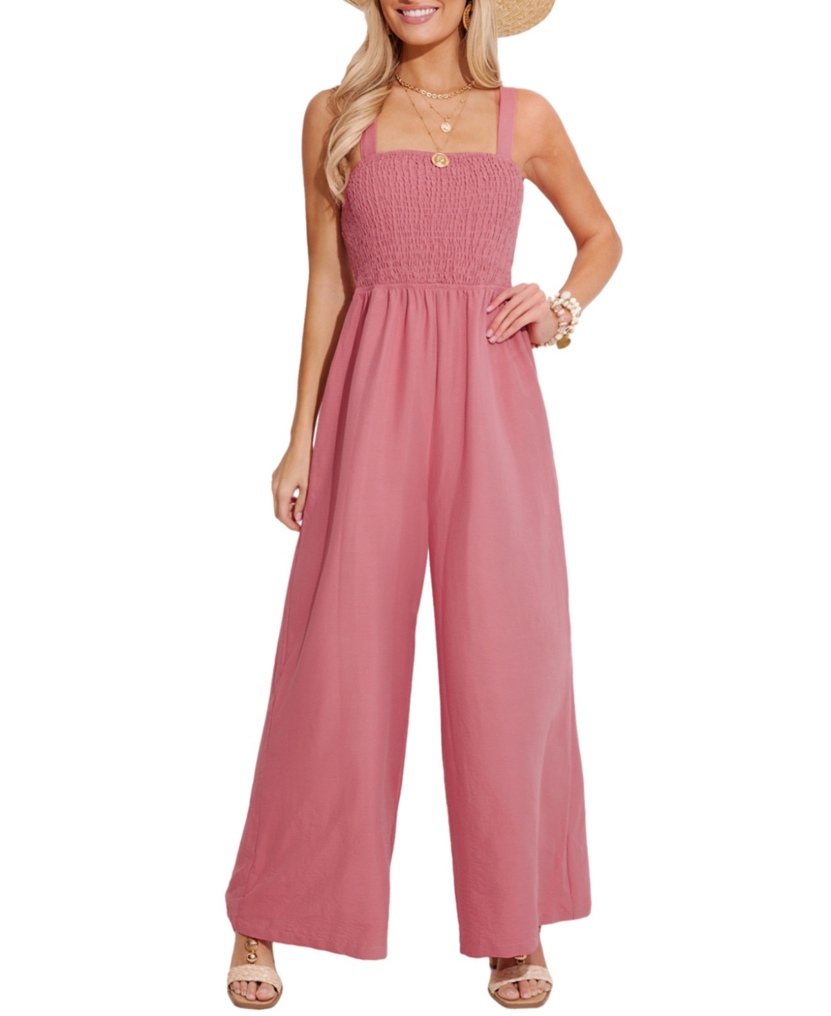 Women's Square Neck Wide Leg Jumpsuit - Pink