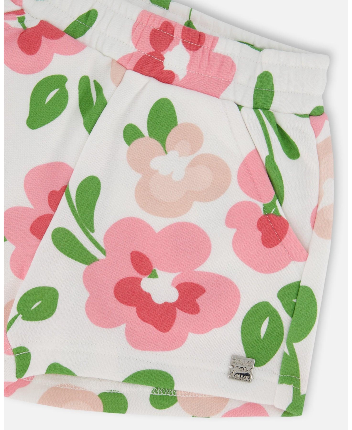 Deux par Deux Toddler Girls Printed French Terry Short Pink Flowers On White Background - Toddler|Child