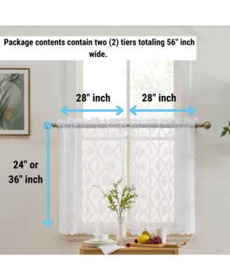 Isabella Floral Rod Pocket Lace Semi Sheer Voile Short Cafe Tiers for Small Windows - 28 x 24 Inch Length (White Tiers, Set of 2)
