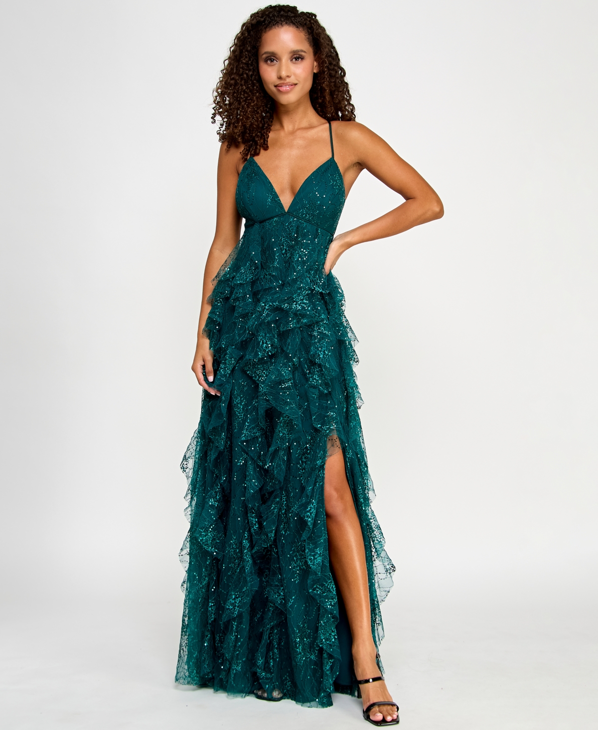 Pear Culture Juniors' Sequin Lace Ruffled Ball Gown In Emerald