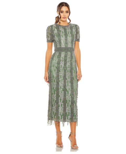 Женское платье Mac Duggal High Neck Short Sleeve Crystal Fringe Column, цвет: Шалфейный