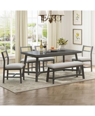6-piece Retro Farmhouse Style Dining Set, Rectangular Table and 4 Upholstered Chairs with Rattan and Bench for Dining Room and Kitchen