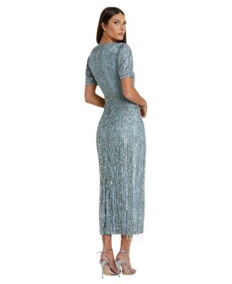 Women's High Neck Short Sleeve Crystal Fringe Column Dress