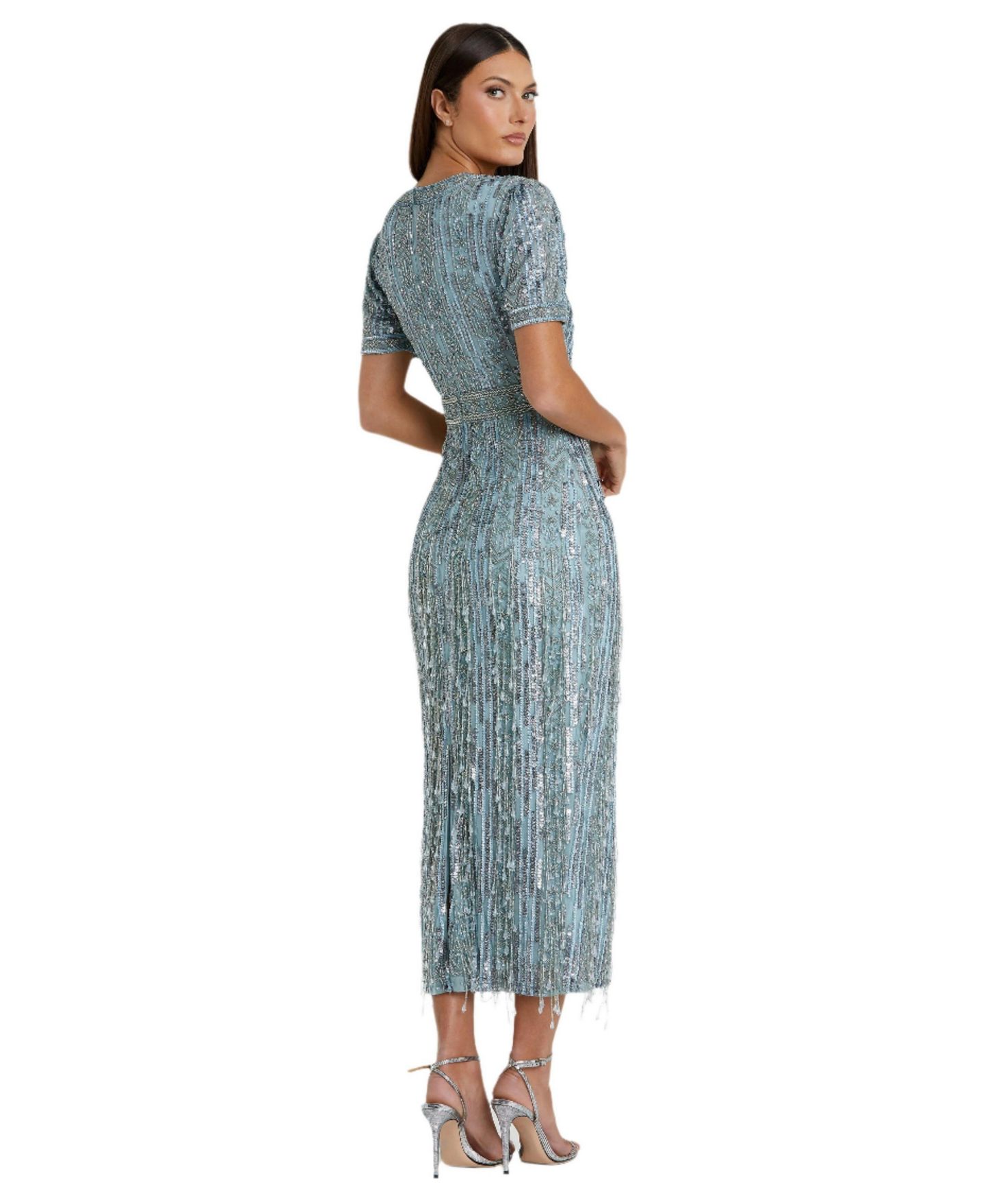 Женское платье Mac Duggal High Neck Short Sleeve Crystal Fringe Column, цвет: Синий — фото 3