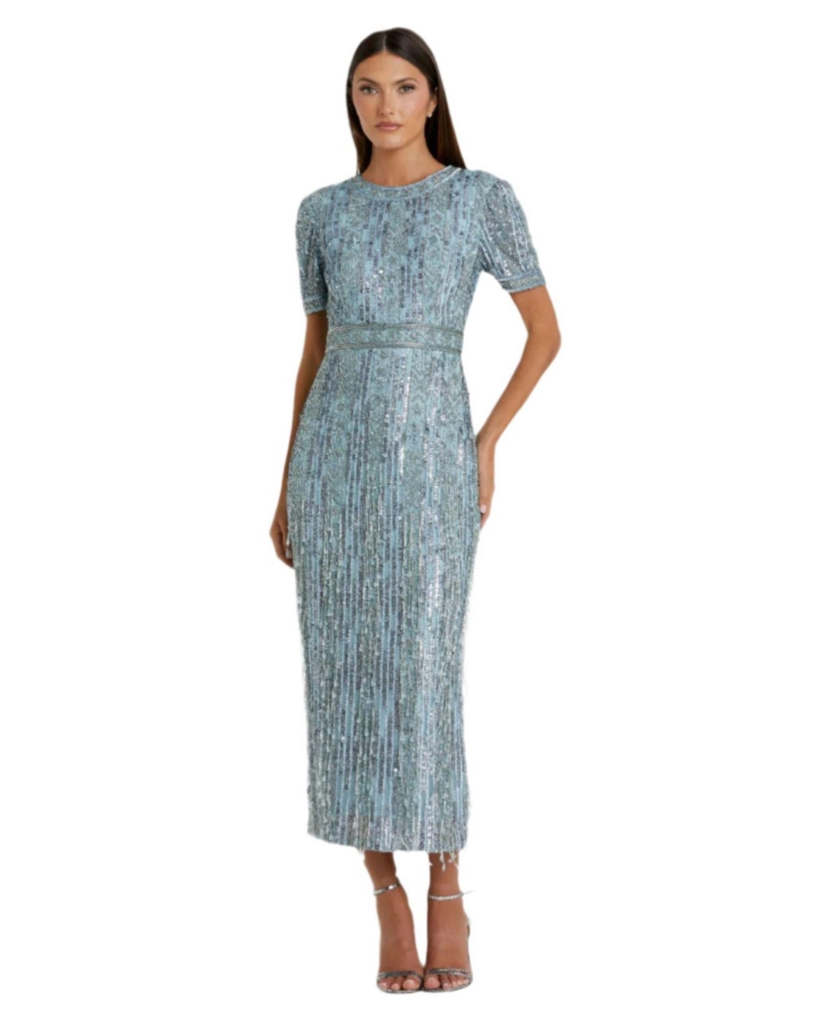 Mac Duggal Women's High Neck Short Sleeve Crystal Fringe Column Dress