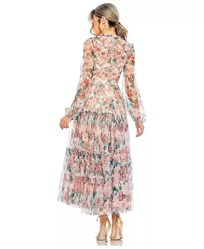 Women's Long Sleeve High Neck Long Balloon Sleeve Midi Dress - thumbnail 2