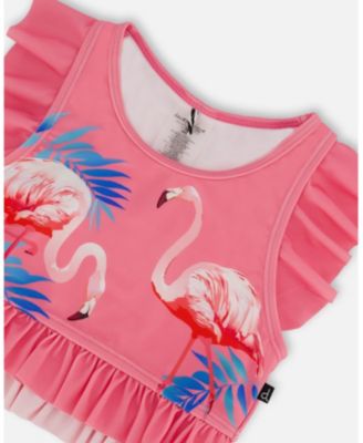 Girls Printed Two-Piece Swimsuit With Frills Candy Pink And Pink Flamingo