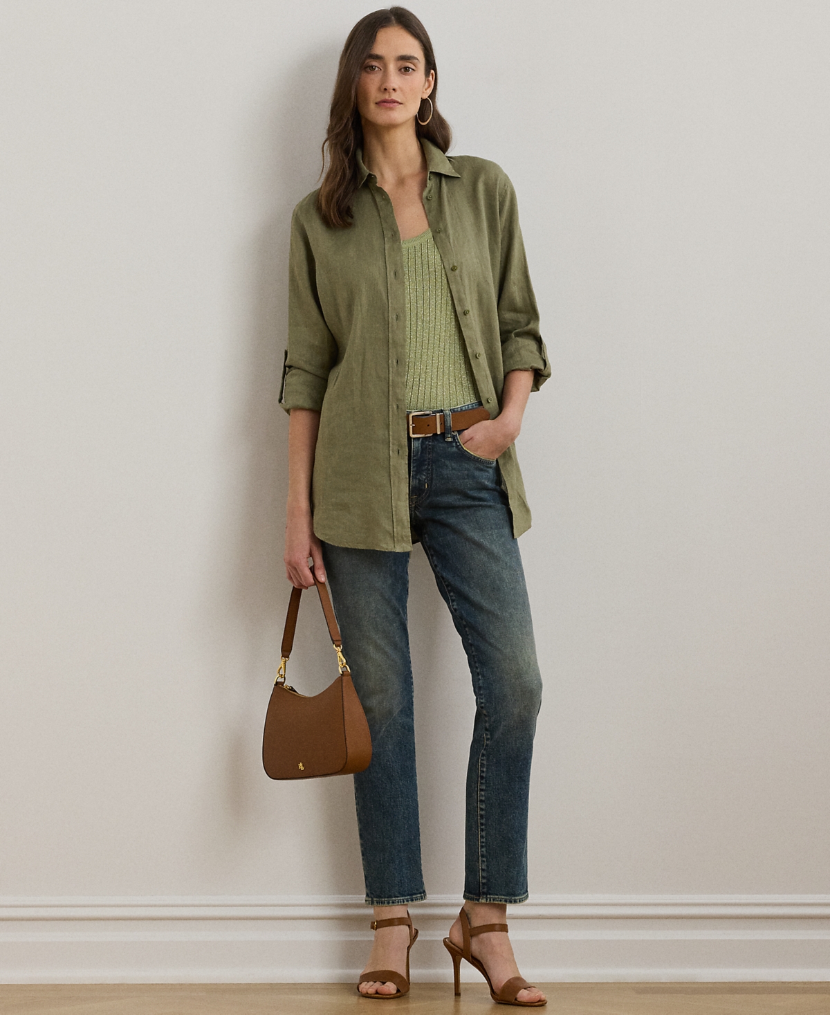 Ralph Lauren Plus Size 100% Linen Roll-tab Shirt