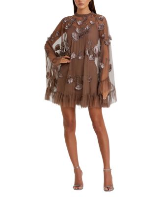 Women's Embellished Long Flare Sleeve Mesh A-Line Dress