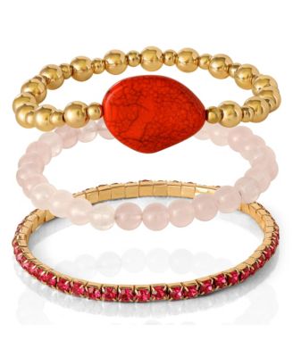 3-Piece Beaded Stretch Bracelet Set - Gemstone & Gold-Tone Accents