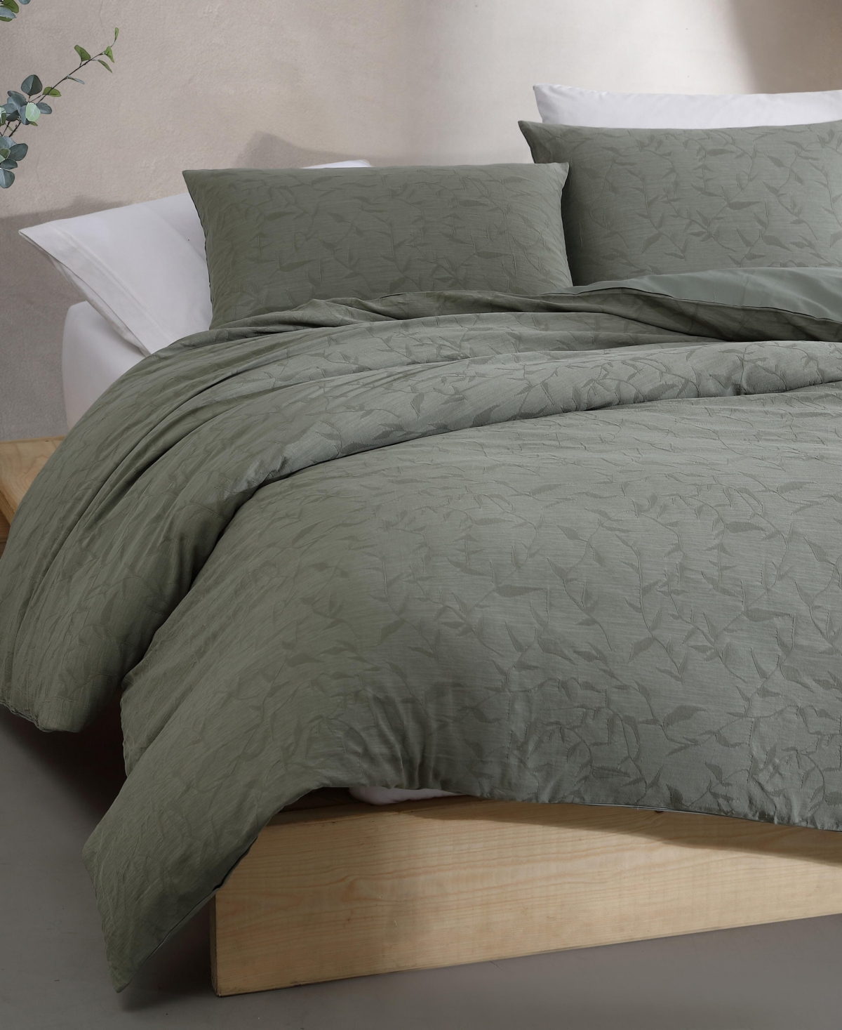 Calvin Klein Branching Leaves Cotton Jacquard 3-pc. Comforter Set, Queen In Moss