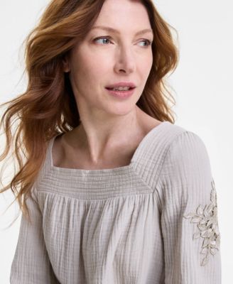 売れ筋商品|||ジェイエムコレクション カットソー トップス レディース Women's Cotton Gauze Floral-Appliqu Top, Exclusively at Macy's Bright White JM Collection Women's Cotton Gauze Floral-Appliqué Top