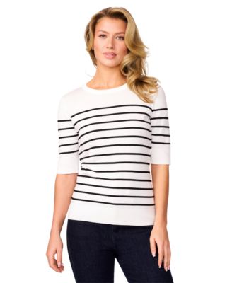 Petite Striped Crew-Neck Elbow-Sleeve Sweater