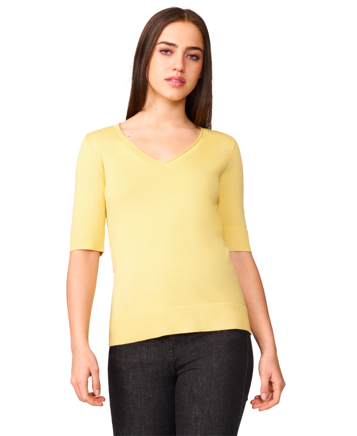 Petite Rolled V-Neck Elbow-Sleeve Sweater - Pumice Stone