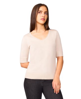 Melissa Paige - Women's Rolled V-Neck Elbow-Sleeve Sweater