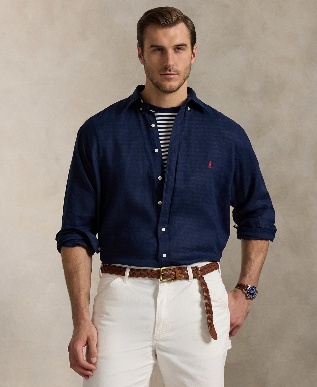 Polo Ralph Lauren Classic Fit Solid Navy Short Sleeve Linen Button-down Shirt In Blue