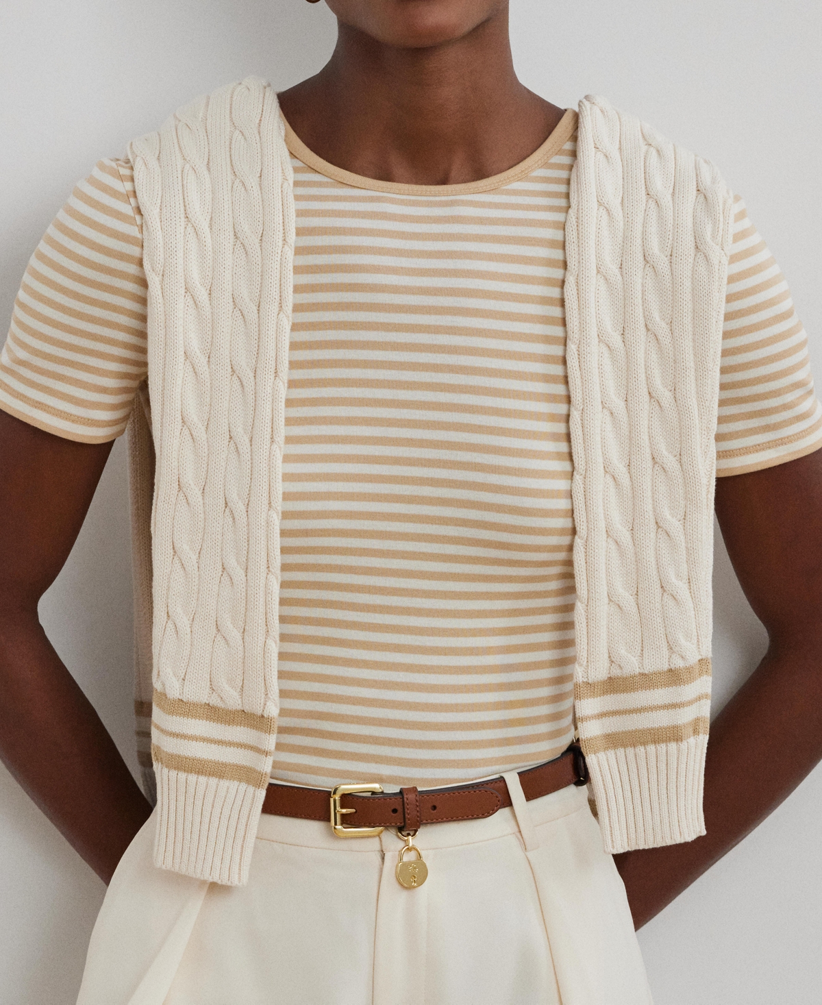 Shop Ralph Lauren Women's Striped Stretch Cotton Crewneck Tee In Sand Dune,mascarpone Cream