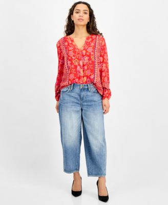Petite Mixed-Print Button-Front Blouse