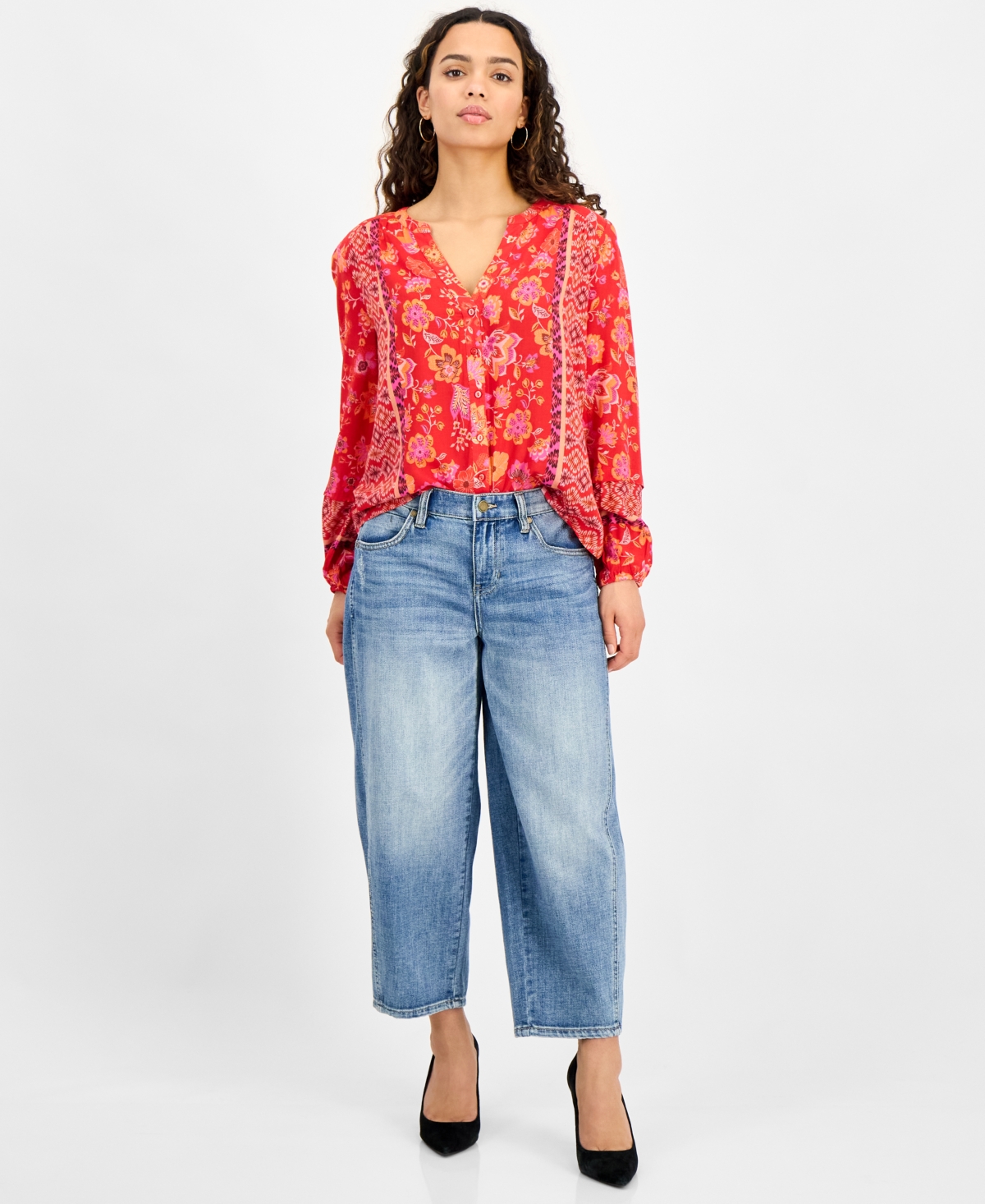 Liverpool Los Angeles Liverpool Plus Size Printed Blouson-sleeve Button-front Blouse In Red