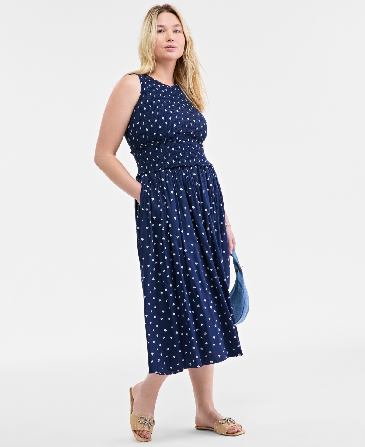On 34th Women's Woven Printed Smocked Sleeveless Midi Dress, Exclusively At Macy's In Blazing Navy