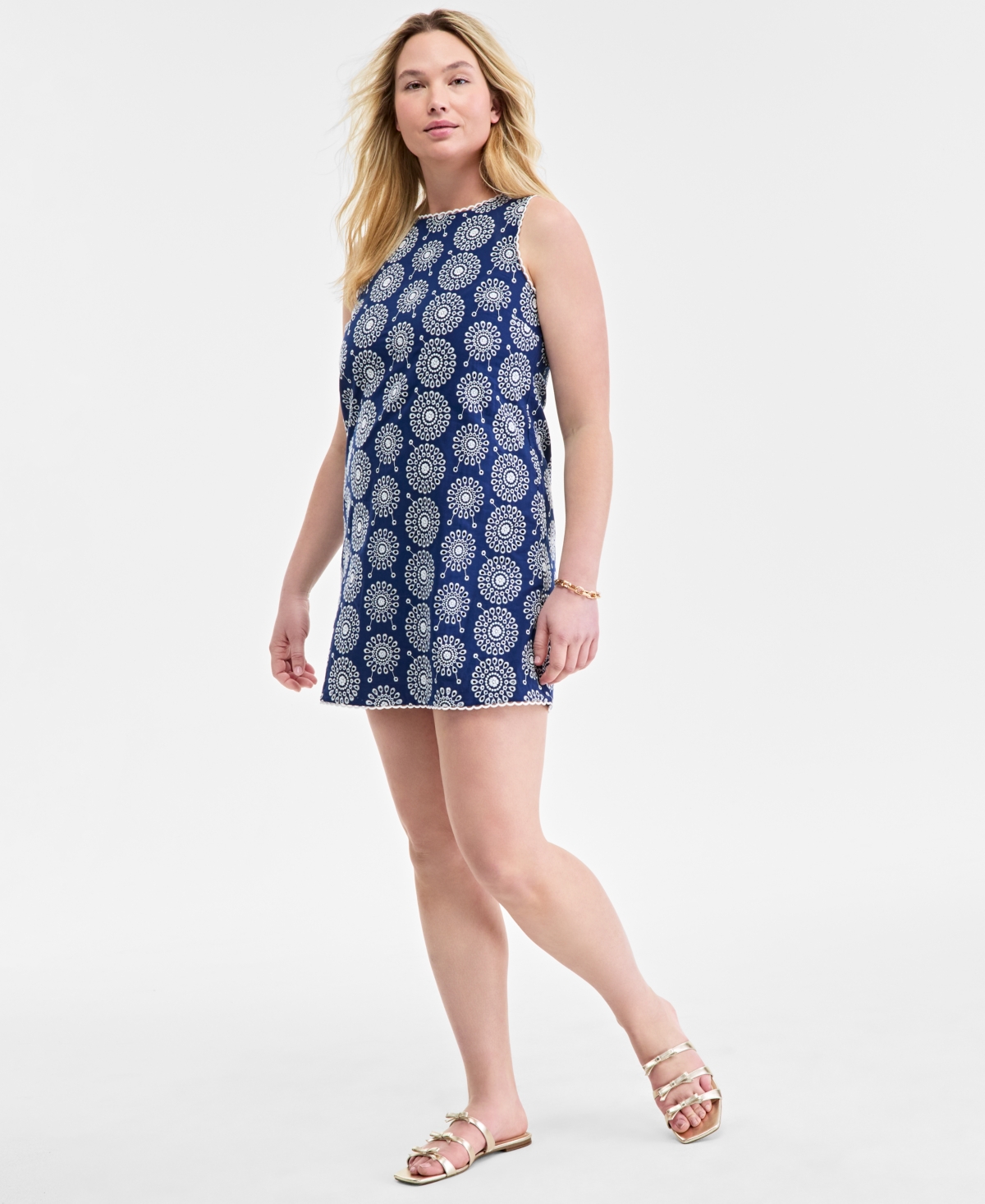 On 34th Women's Sleeveless Scallop-edge Eyelet Shift Dress, Created For Macy's In Blazing Navy