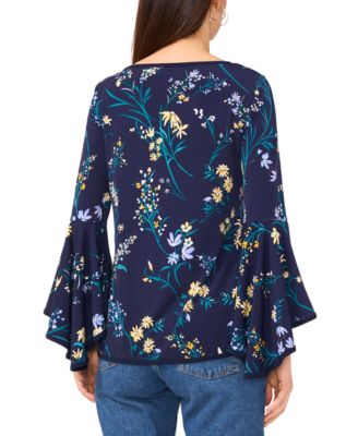 Women's Printed Crewneck 3/4-Bell-Sleeve Blouse
