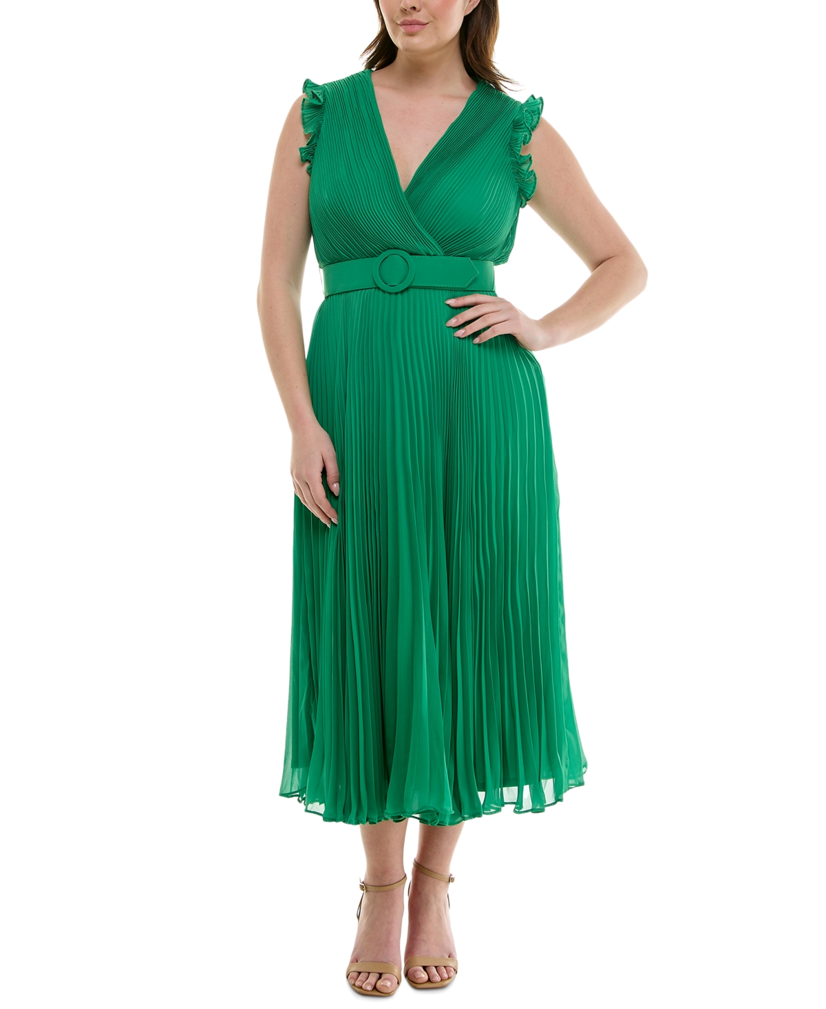 Plus Size Pleated Belted A-Line Dress - Seagreen