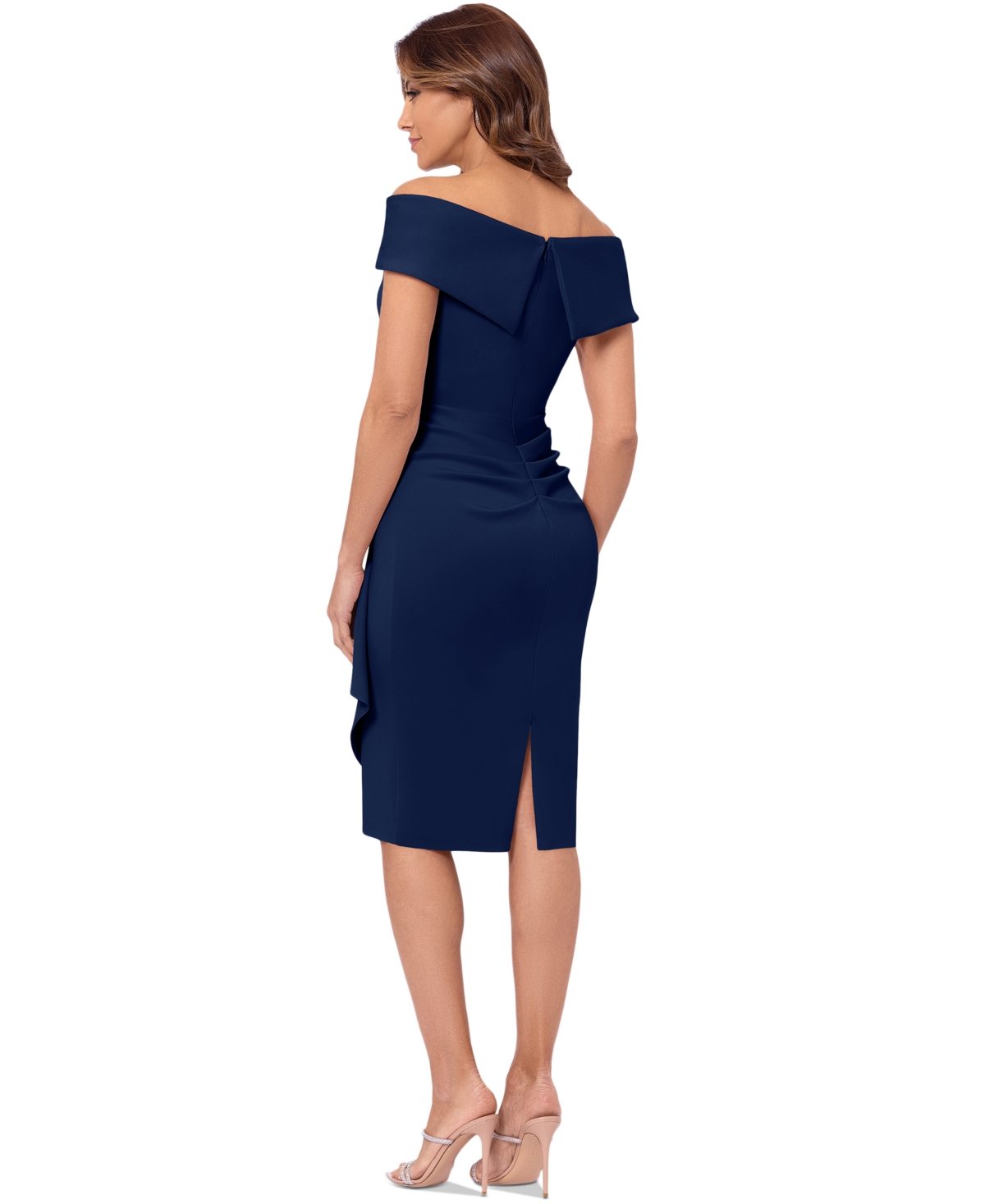 Xscape Petite Off-the-shoulder Sweetheart Ruffle Dress In Midnight