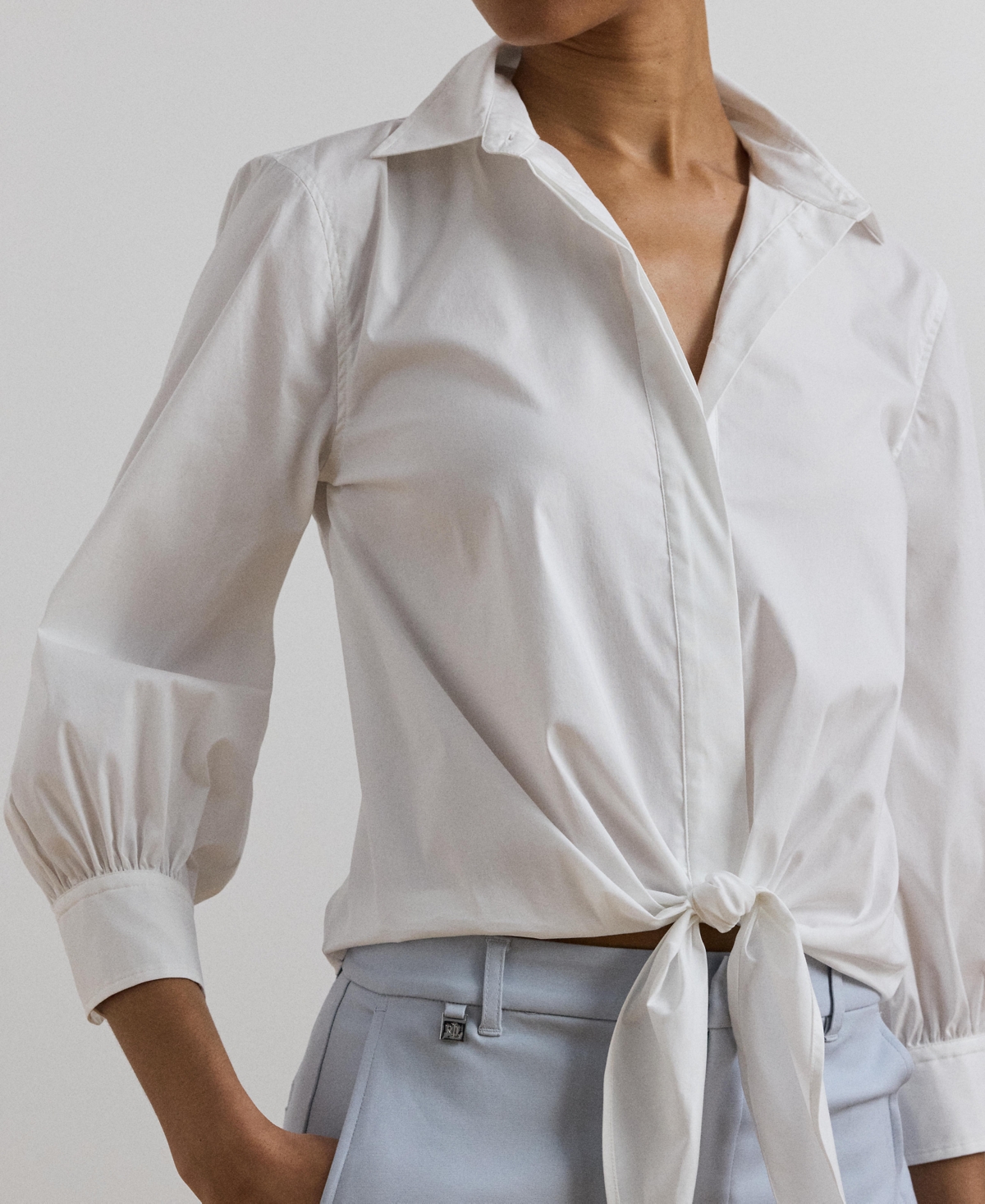 RALPH LAUREN WOMEN'S TIE-WAIST STRETCH-COTTON BLEND SHIRT 