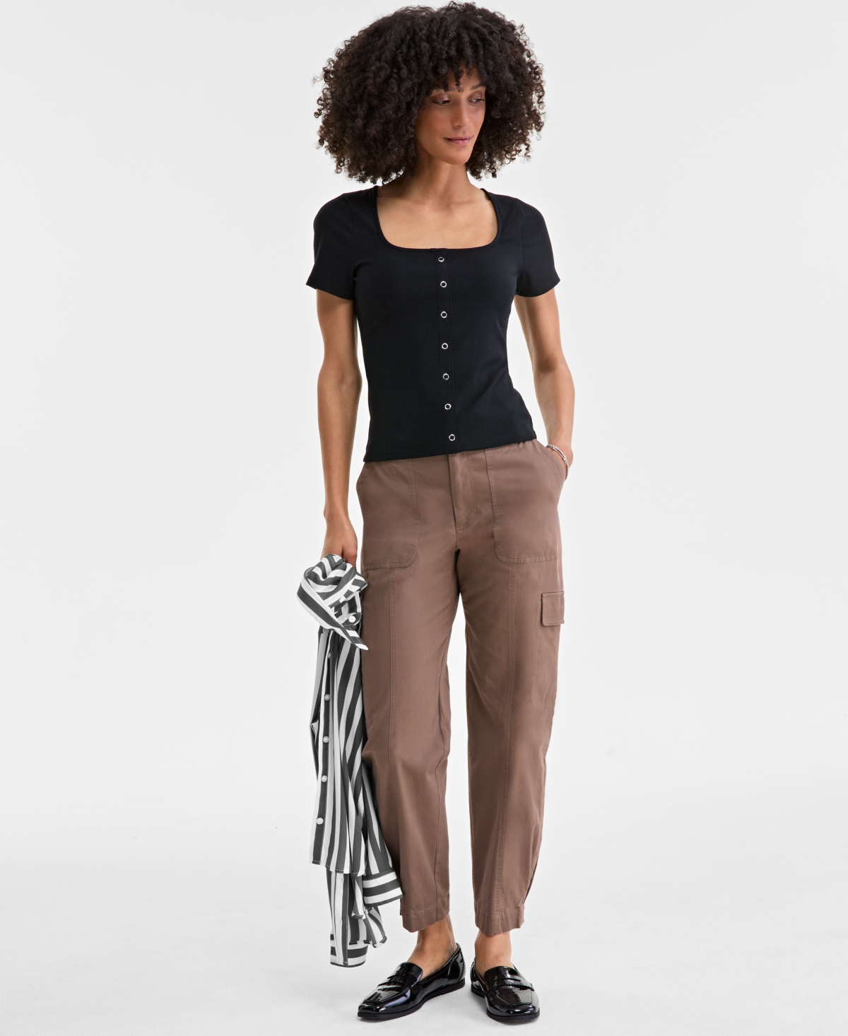 On 34th Women's Snap-front Rib-knit Top, Exclusively At Macy's In Deep Black