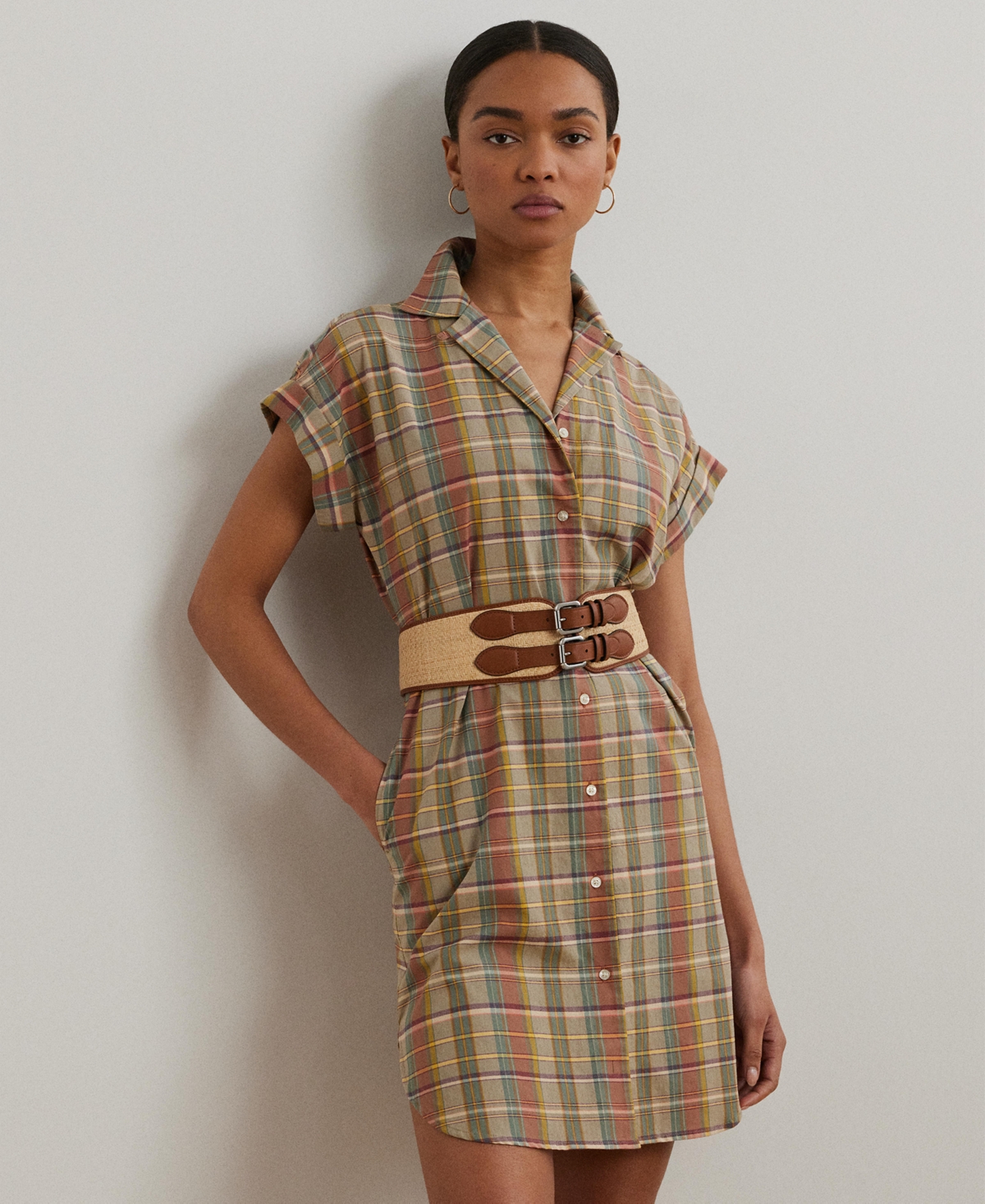 Shop Ralph Lauren Women's Belted Cotton Madras Shirtdress In Green,tan,blue Multi