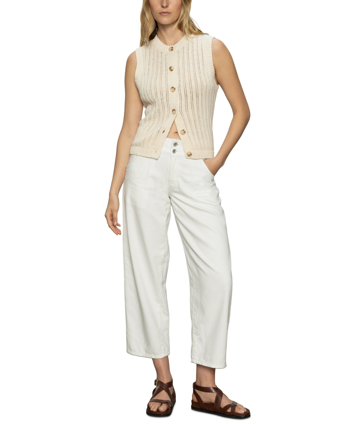 Sanctuary Pointelle Stitch Cotton Button-up Sweater Vest In Eco Natural