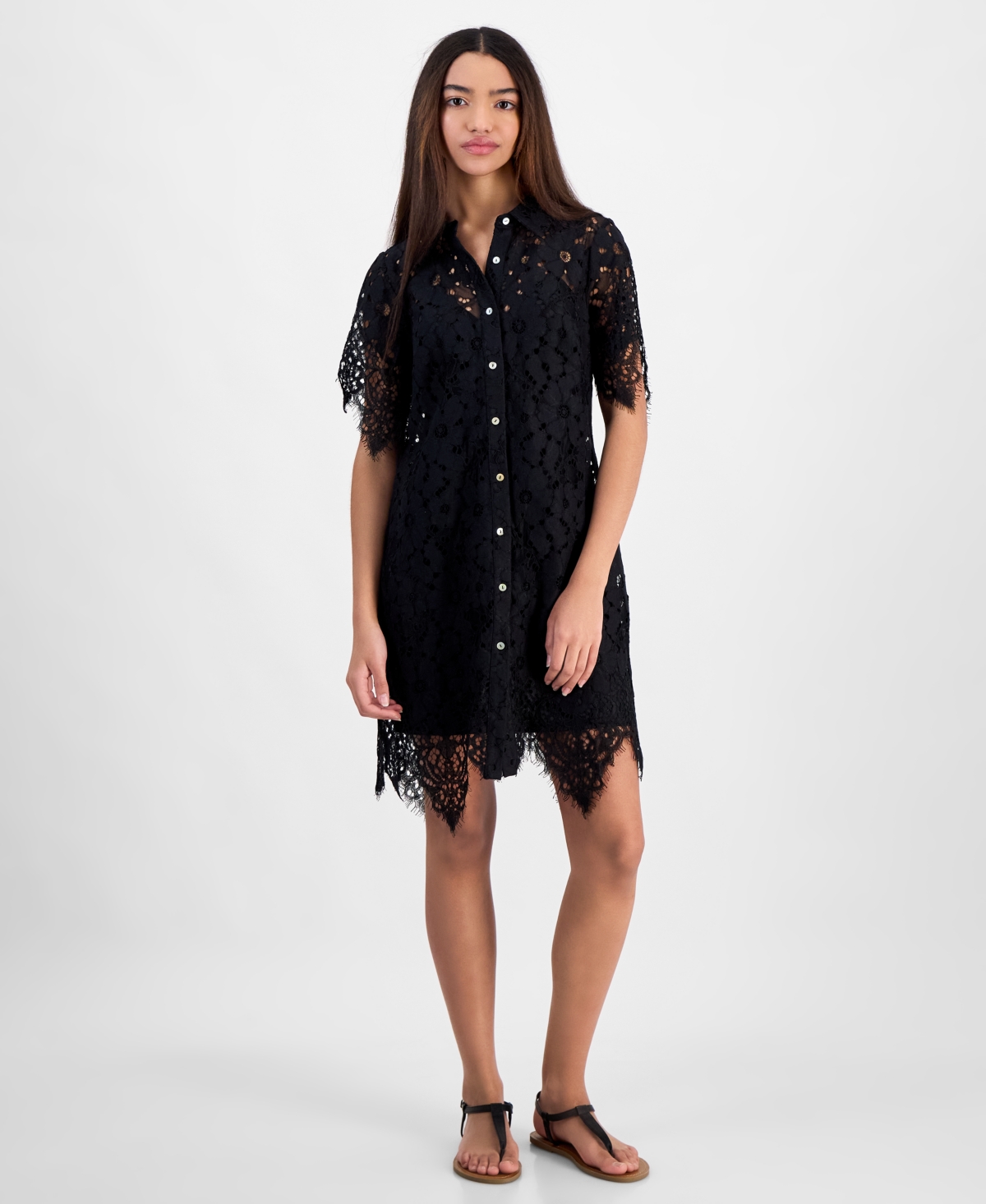 TINSEL JUNIORS' LACE BUTTON-FRONT SHORT-SLEEVE SHIRTDRESS 