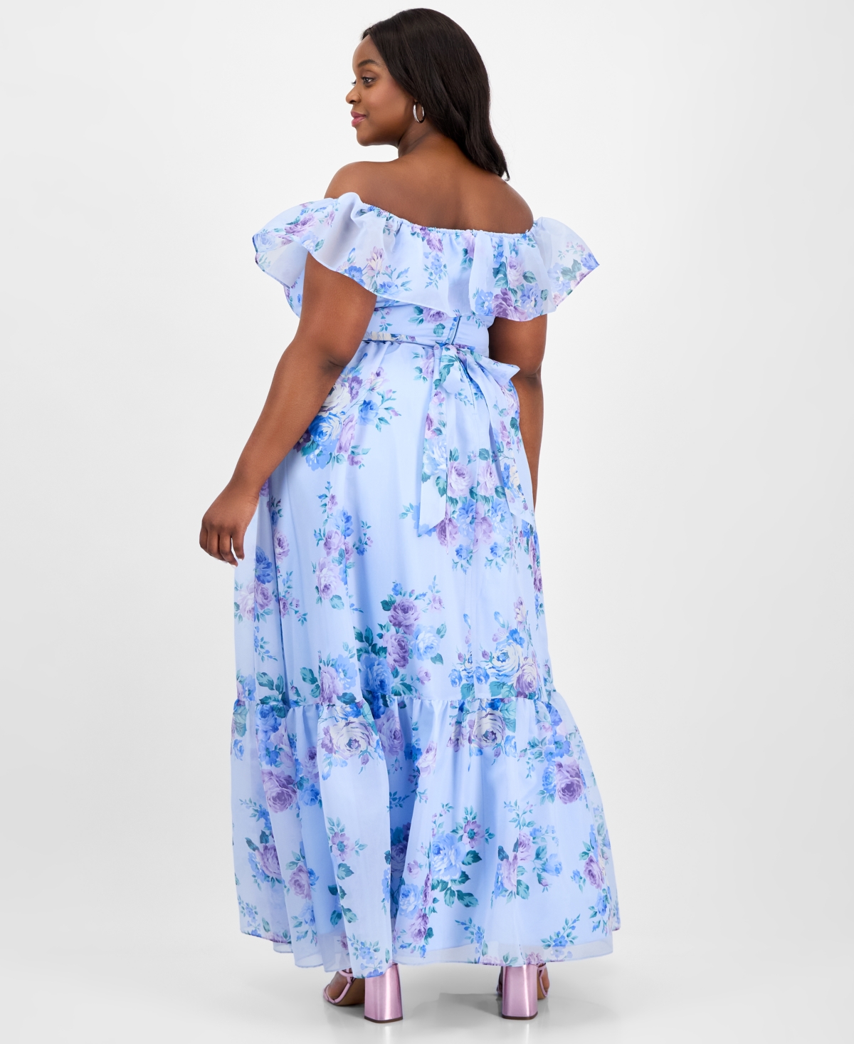 B Darlin Trendy Plus Size Off-the-shoulder Floral-print Gown In Blue