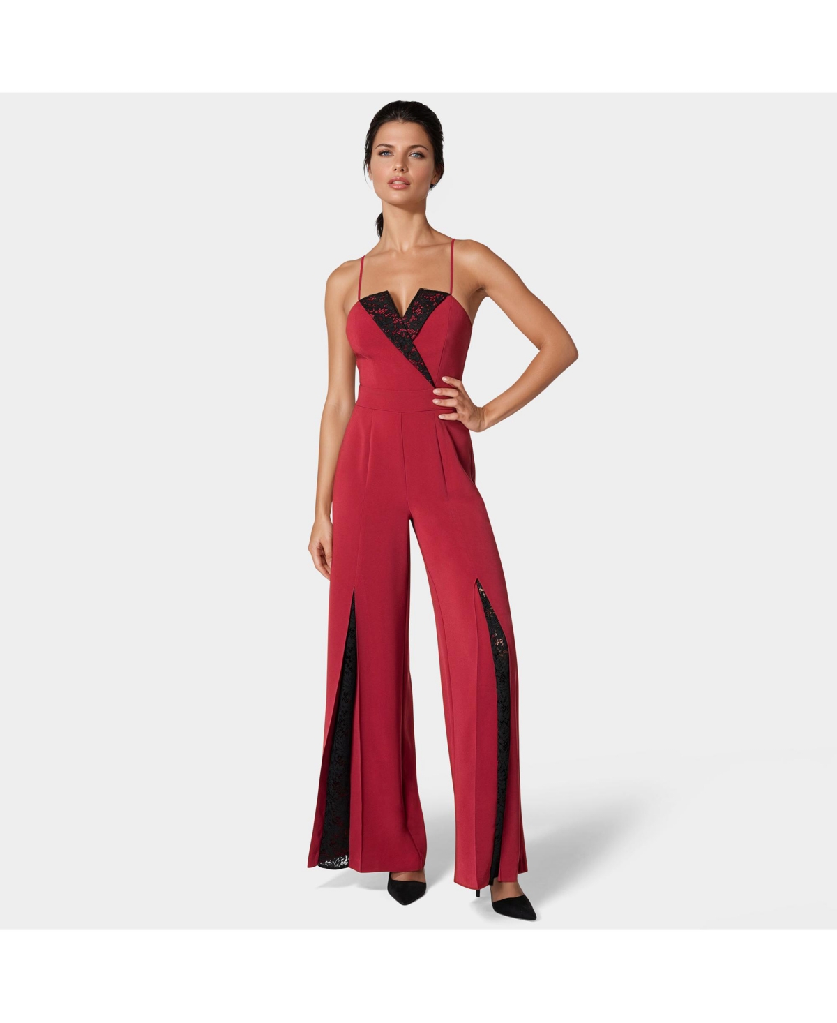 Women's Tuxedo Lace Combo Ultra Wide Leg Jumpsuit - Biking red / black