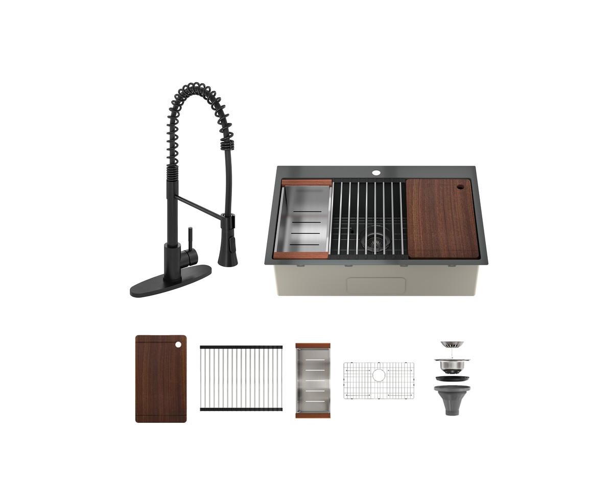 33" L x 22" W Drop-in Stainless Steel Kitchen Sink with Faucet Included - Stainless steel