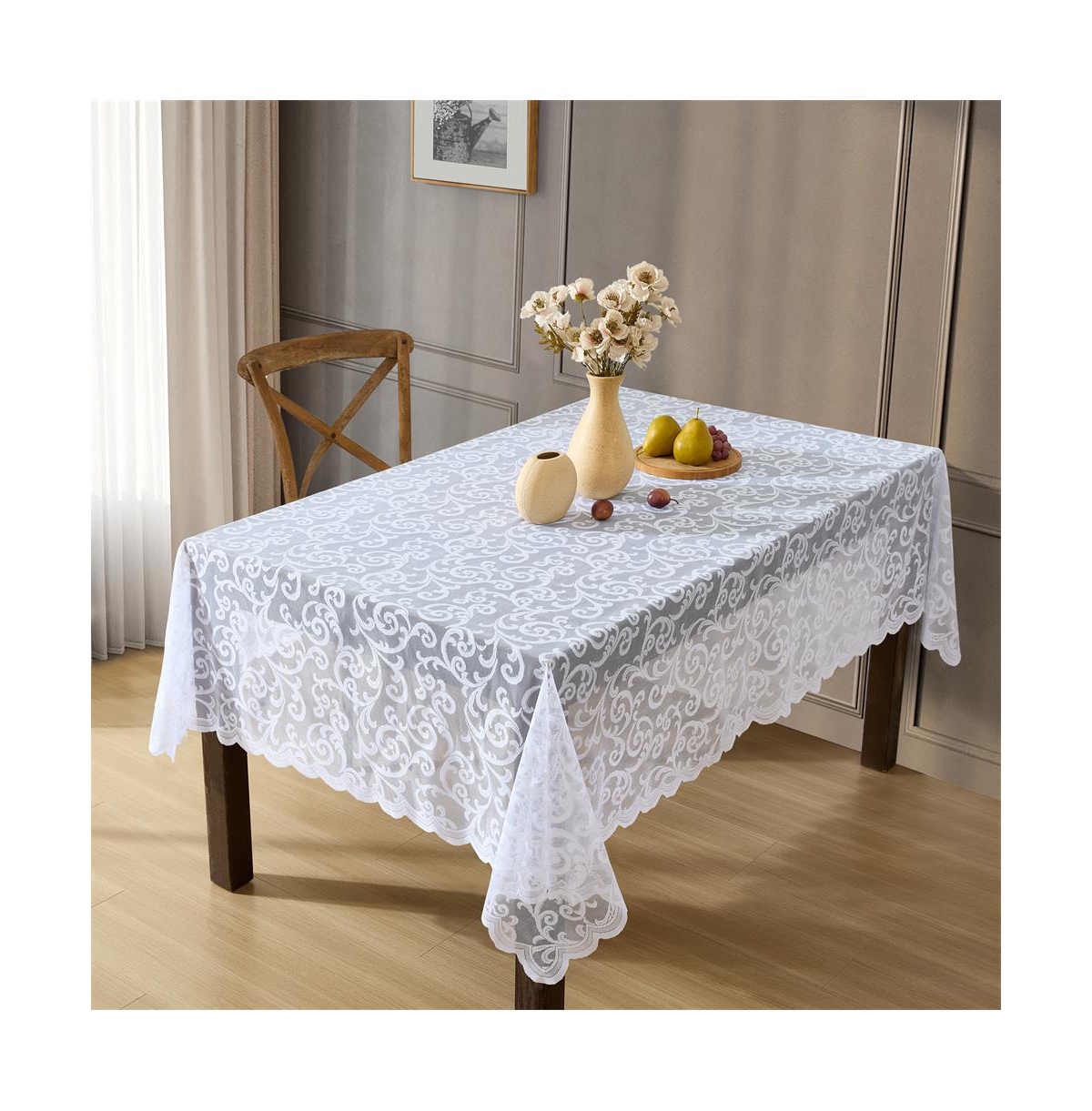 Scroll Lace Fabric Tablecloth, Lace Fabric Table Cloth for Rectangle Tables, Wrinkle Resistant Tablecloth, Patterned Scalloped Tablecloth (60 W