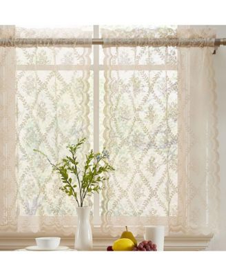 Isabella Floral Rod Pocket Lace Semi Sheer Voile Short Cafe Tiers for Small Windows - 28 x 36 Inch Length (Taupe Tiers, Set of 2)