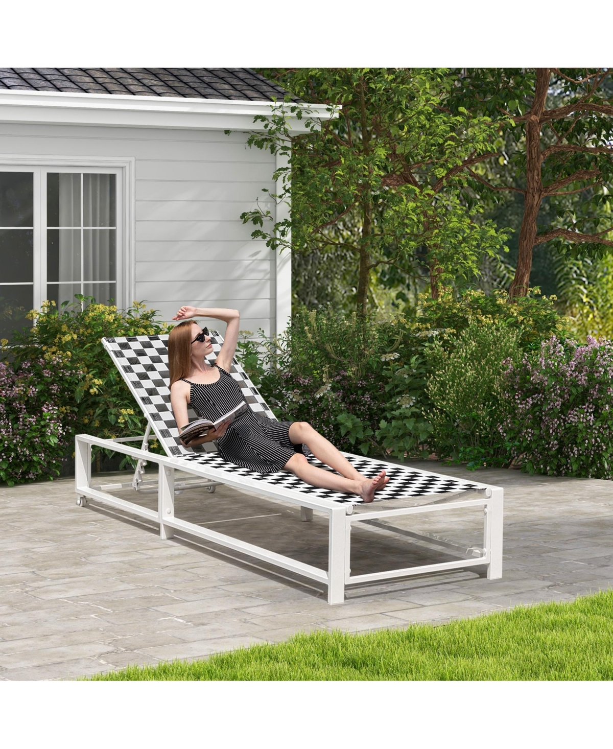 2PCS Patio Lounge Chair Chaise Adjustable Reclining Chair Garden Wheel