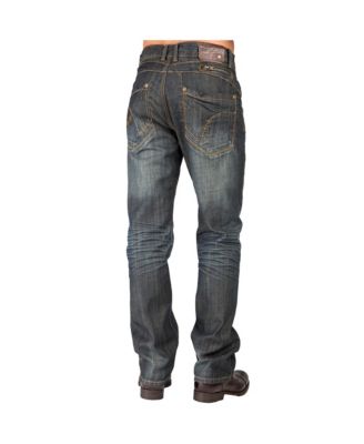 Men's Relaxed Straight Leg Dark Vintage Hand Rub Premium Denim Jeans Zipper Trim Pocket