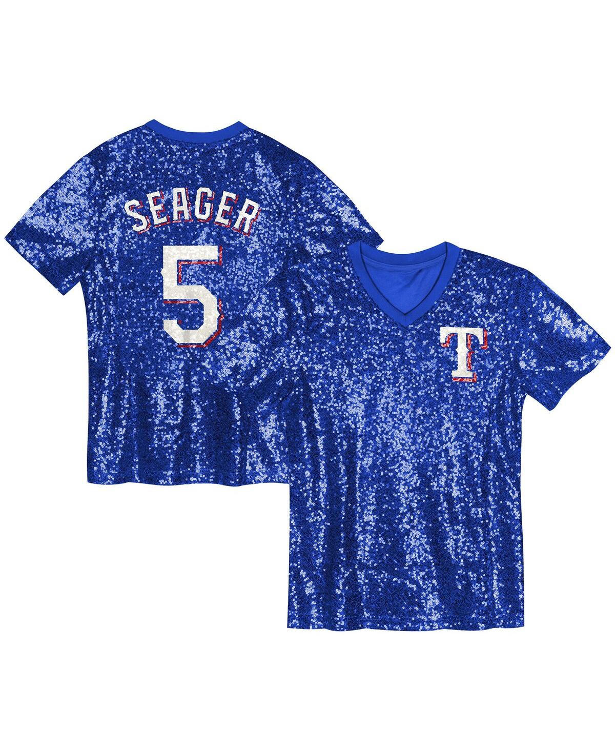 Outerstuff Big Boys and Girls Corey Seager Royal Texas Rangers Name Number Sequin V-Neck Top - Royal