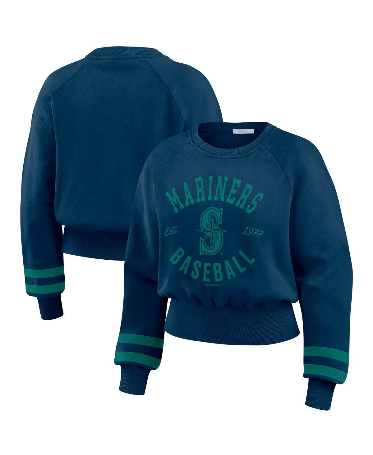 Women's Navy Seattle Mariners Vintage Washed Cropped Pullover Sweatshirt - Navy