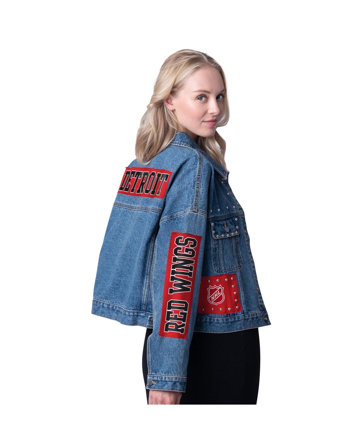 G-III 4HER BY CARL BANKS DETROIT RED WINGS GAME BALL CROPPED BUTTON-UP DENIM JACKET 